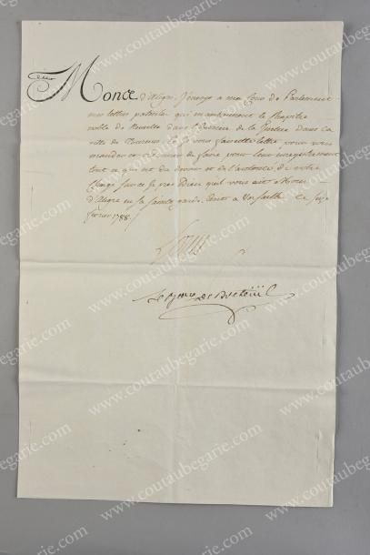 LOUIS XVI, roi de France (1754-1793) Lettre de secrétaire signée «Louis», Versailles,...