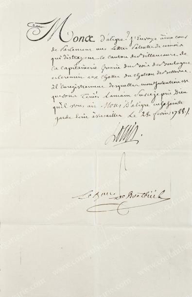 LOUIS XVI, roi de France (1754-1793) Lettre de secrétaire signée «Louis», Versailles,...