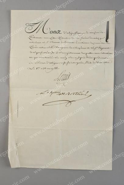 LOUIS XVI, roi de France (1754-1793) Lettre de secrétaire signée «Louis», Versailles,...