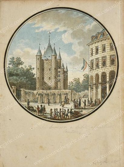 École FRANÇAISE de la fin du XVIIIe siècle La tour du Temple.
Gravure rehaussée,...