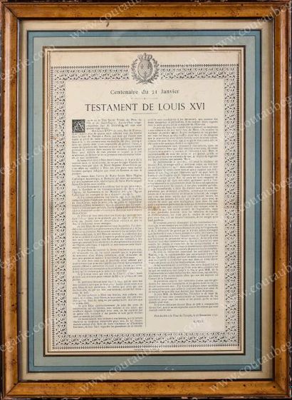 LOUIS XVI, roi de France (1754-1793) Publication du testament de Louis XVI, surmontée...