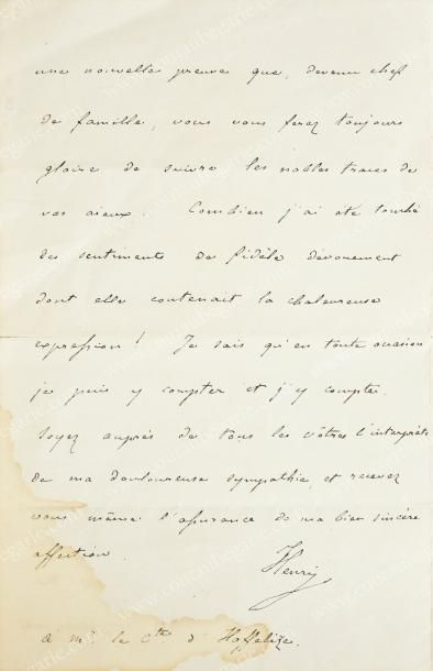 HENRI, COMTE DE CHAMBORD (1820-1883) Lettre autographe signée: «Henry», datée du...
