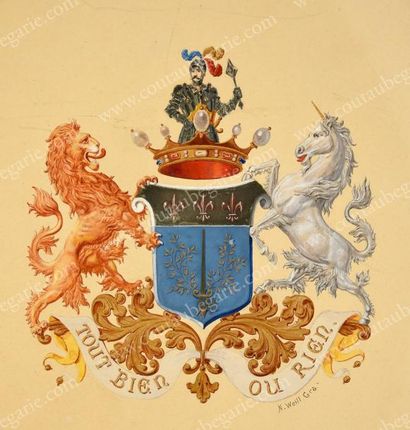 École Française du XIXe siècle Blason de la famille Noël de La Villehuslin, orné...