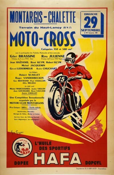 null Affiche «Moto-Cross». Réunion du 29 septembre 1958. Avec Remy Julienne. Signée...