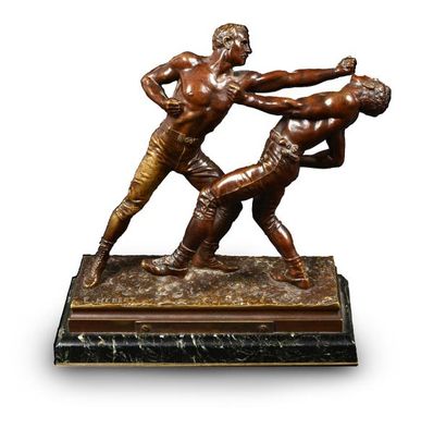 null Exceptionnelle sculpture en bronze sur socle marbre. «Combat à mains nues»....