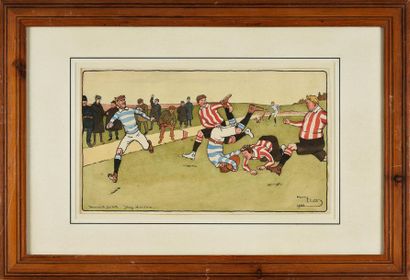 Harry ELLIOT (1882-1959) Aquarelle, plume et encre brune figurant une scène de rugby....