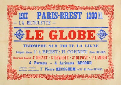 null Affiche Palmarès du «Paris-Brest 1911» avec la bicyclette le Globe. Imprimerie...