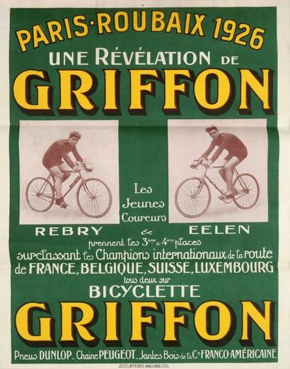 null Affiche «Paris-Roubaix 1926». Les jeunes coureurs Rebry et Eelen, 3ème et 4ème...