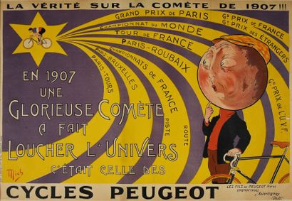 null Affiche «Cycles Peugeots». La vérité sur la comête de 1907. Signée Mich. Imprimerie...