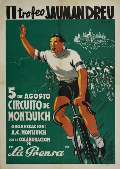null Affiche du «Trofeo Jaumandreu» le 5 août 1951 sur le circuit de Montjuich. Illustration...