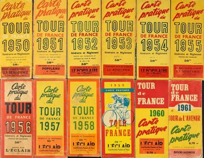 null Ensemble de 12 cartes du Tour de France de 1950 à 1961. Annotations. Etat d...