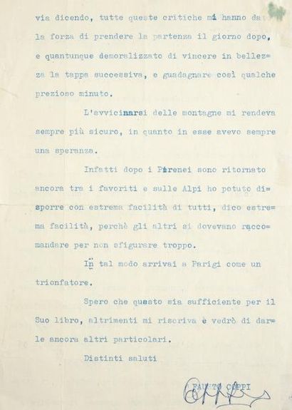 null Lettre tapuscriste du 21 octobre 1957 de Fausto Coppi à l'attention de Marcel...