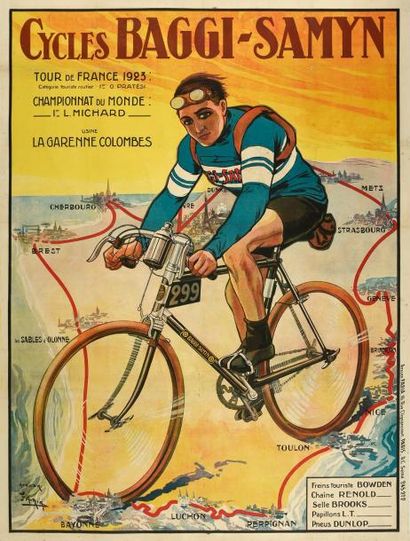null Affiche des cycles Baggi-Samyn. 1er au Tour de France 1923. Imprimerie de l'atelier...