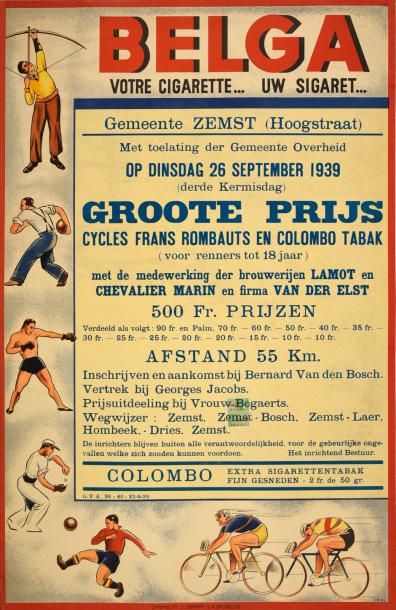 null Affiche Belga du Grand Prix de la ville de Zemst le 26 septembre 1939 sur une...