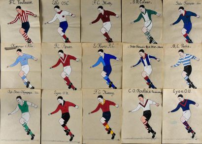null Ensemble de 25 dessins originaux représentant les maillots de clubs français...