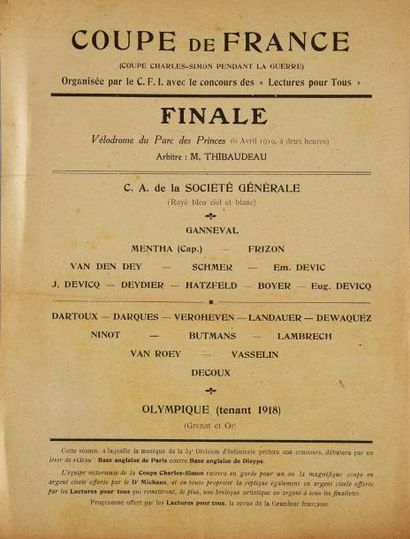 null Affichette programme de la finale de la Coupe de France 1919 au Vélodrome du...