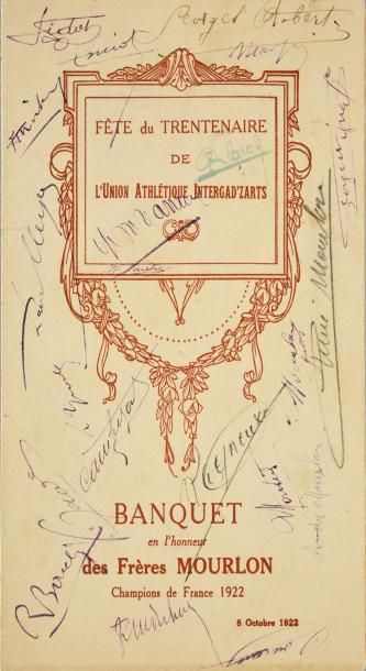 null Menu du banquet en l'honneur des Frères Mourlon Champions de France 1922. Nombreuses...