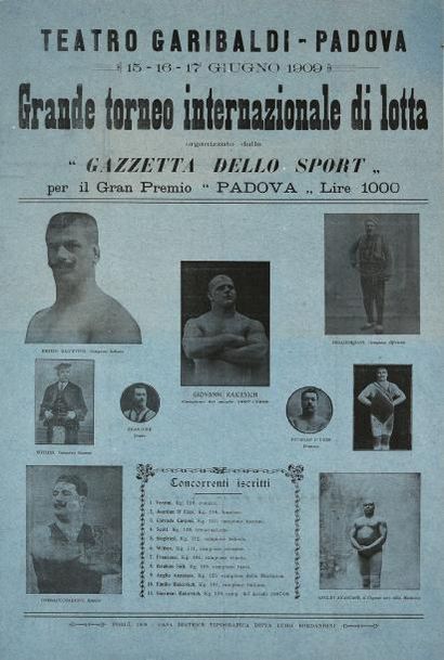 null Affiche italienne «Grand Tournoi International de Lutte» du 15 au 17 juin 1909...