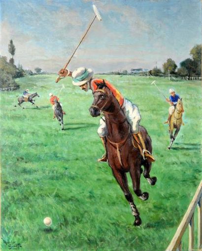 Mario GINETTI Huile sur toile. «Partie de Polo». Scène de jeu très réaliste. Signature...