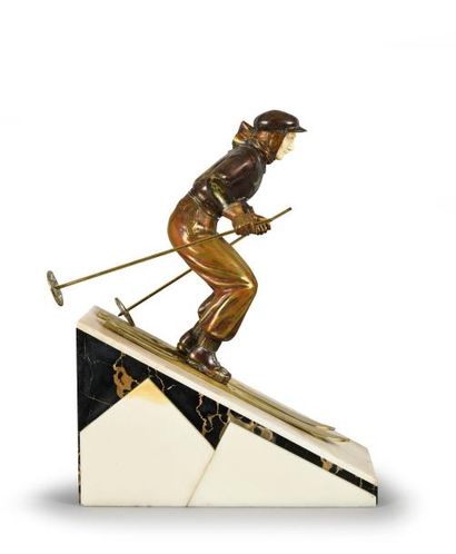 null Sculpture chryséléphantine. «Le skieur». Vers 1920. Signée H. Molins (XIX-XXème)....