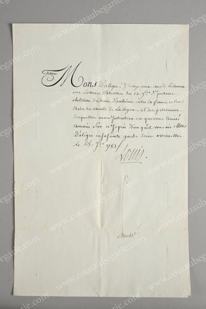 LOUIS XVI, roi de France (1754-1793) 
Lettre dictée par le roi et signée par son...