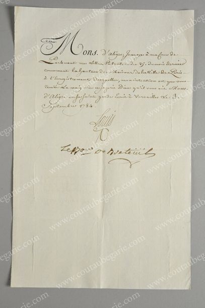 LOUIS XVI, roi de France (1754-1793) 
Lettre dictée par le roi et signée par son...