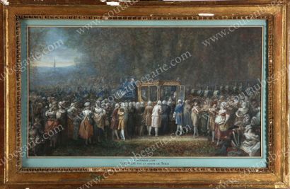 NAVLET JOSEPH (1821-1889) 
Le roi Louis XVI sur la route de Paris, le 6 octobre 1789.
Aquarelle...