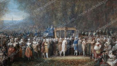 NAVLET JOSEPH (1821-1889) 
Le roi Louis XVI sur la route de Paris, le 6 octobre 1789.
Aquarelle...