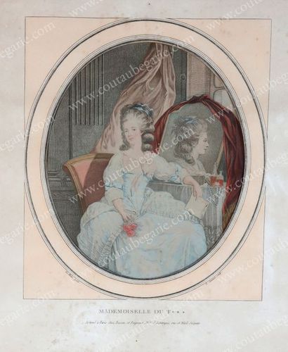 null DUTHÉ Catherine, dite Mlle Duthé (1748-1830).
Gravure colorée signée F. Jeninet...