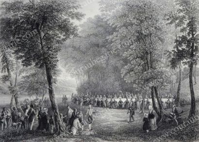 École Française du XIXe siècle 
Déjeuner dans la forêt d'Eu, le 6 septembre 1843.
Gravure...