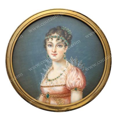 École Française du XIXe siècle 
L'impératrice Joséphine portant une parure d'émeraudes.
Portrait...