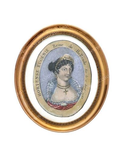 null HORTENSE, reine de Hollande (1783-1837).
Petite gravure colorée de forme ovale...