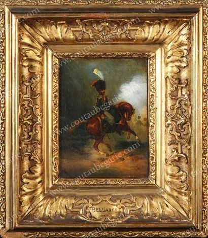 BELLANGE Hyppolyte (1800-1866) 
Portrait d'un hussard à cheval.
Huile sur toile signée...