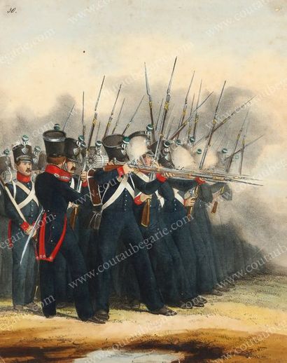 École ÉTRANGÈRE du XIXe siècle 
Soldats de la Ligne ouvrant le feu.
Lithographie...