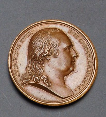null Louis XVIII, roi de France. Médaille en bronze au profil du souverain : souvenir...