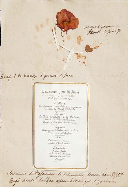 Yvonne de Blacas (1851-1881) Menu du déjeuner servi à l'occasion de son mariage avec...