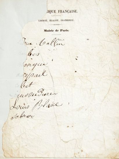 null République de 1848. Pièce autographe sur papier à entête de la mairie de Paris,...