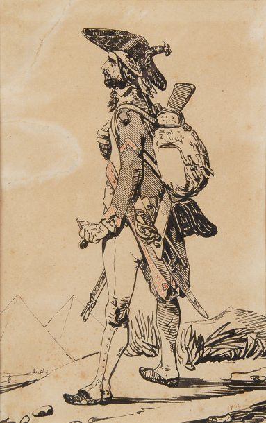 CHARLET Nicolas (1792-1845) Soldat de l'An II. Dessin à l'encre daté 1844, conservé...