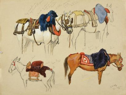 Georges Frédéric ROTIG (1873 - 1961) 
Etude de chevaux harnachés.
Aquarelle gouachée,...