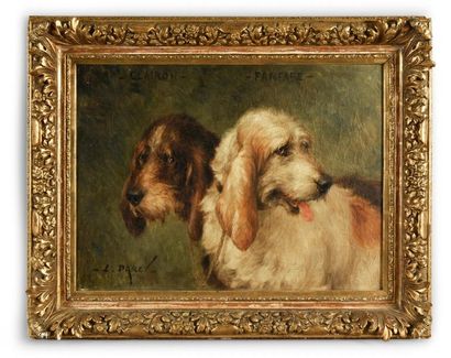 Louis DAREY (1863 - 1914) Portait des chiens Clairon et Fanfare. Huile sur toile,...