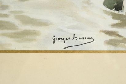 Georges BUSSON (1859 - 1933) 
Le postillon et l'attelage dans les inondations.
Aquarelle...