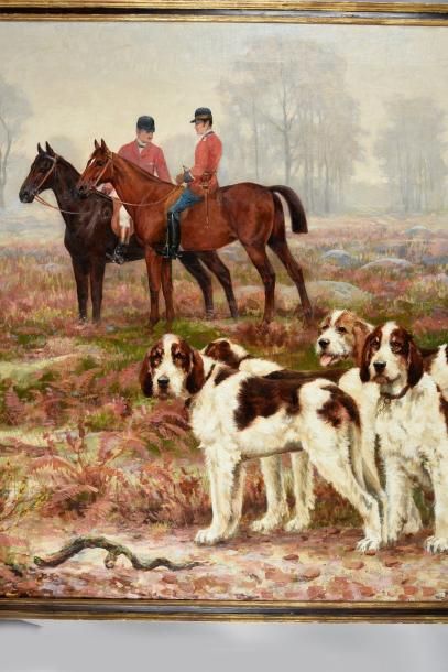 Tristan LACROIX (1849 - 1914) 
Le relais de chiens et les veneurs.
Huile sur toile...