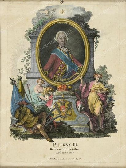 null PIERRE III, empereur de Russie (1728-1762)
Gravure rehaussée à l'aquarelle signée...