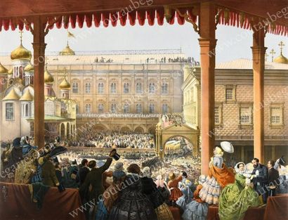 null Sa Majesté l'Empereur Alexandre II salue le peuple du haut de l'escalier rouge
Lithographie...