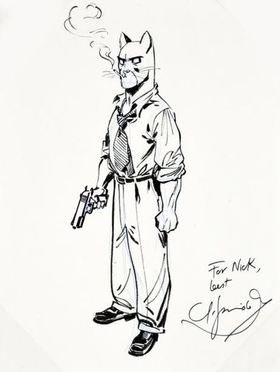 GUARNIDO, JUANJO 
Blacksad.
Grande illustration représentant le héros en pied. Encre...