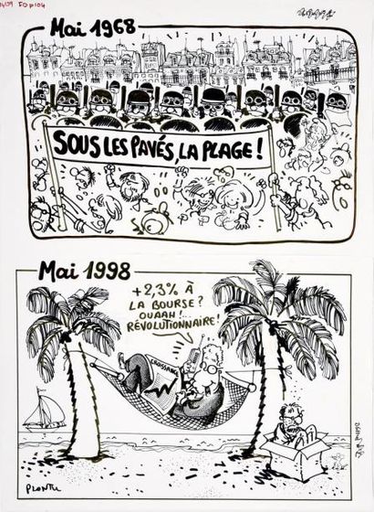 PLANTU (Jean Plantureux, dit) 
MAI 1968/ MAI 1998.
LA BOURSE RÉVOLUTIONNAIRE.
Encre...