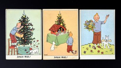 HERGÉ . CARTES FESTIVES,
ENSEMBLE DE 3 CARTES FESTIVES DE 1951/52
- Tintin priant...