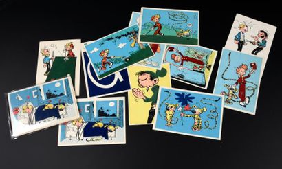 FRANQUIN 
CARTES POSTALES FLOQUÉES SPIROU, GASTON et MARSU.
Un jeu complet de 12...