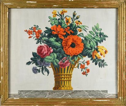 null Corbeille fleurie, papier peint, vers 1800, impression à la planche d'une vive...