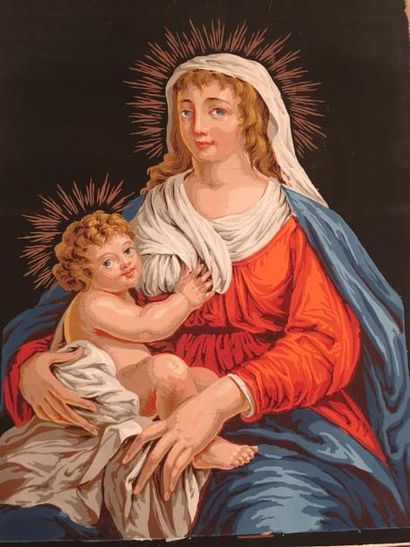 null Vierge à l'Enfant, papier peint vers 1830, impression polychrome à la planche...